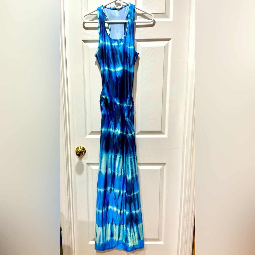 Long racer back tie dye maxi dress in blues ruching on sides S